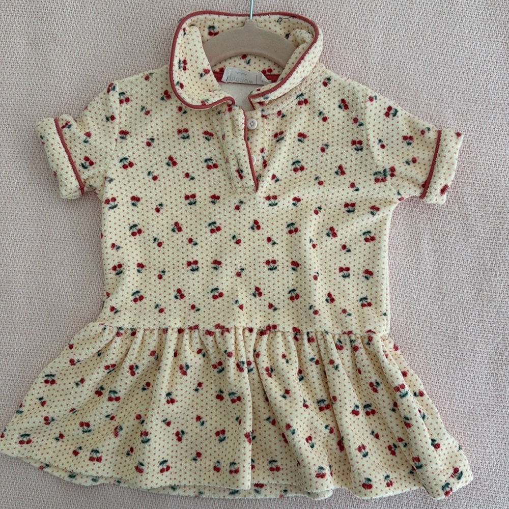 Cream Short-Sleeve Polo Peplum Dress for Girls with Cherry Print